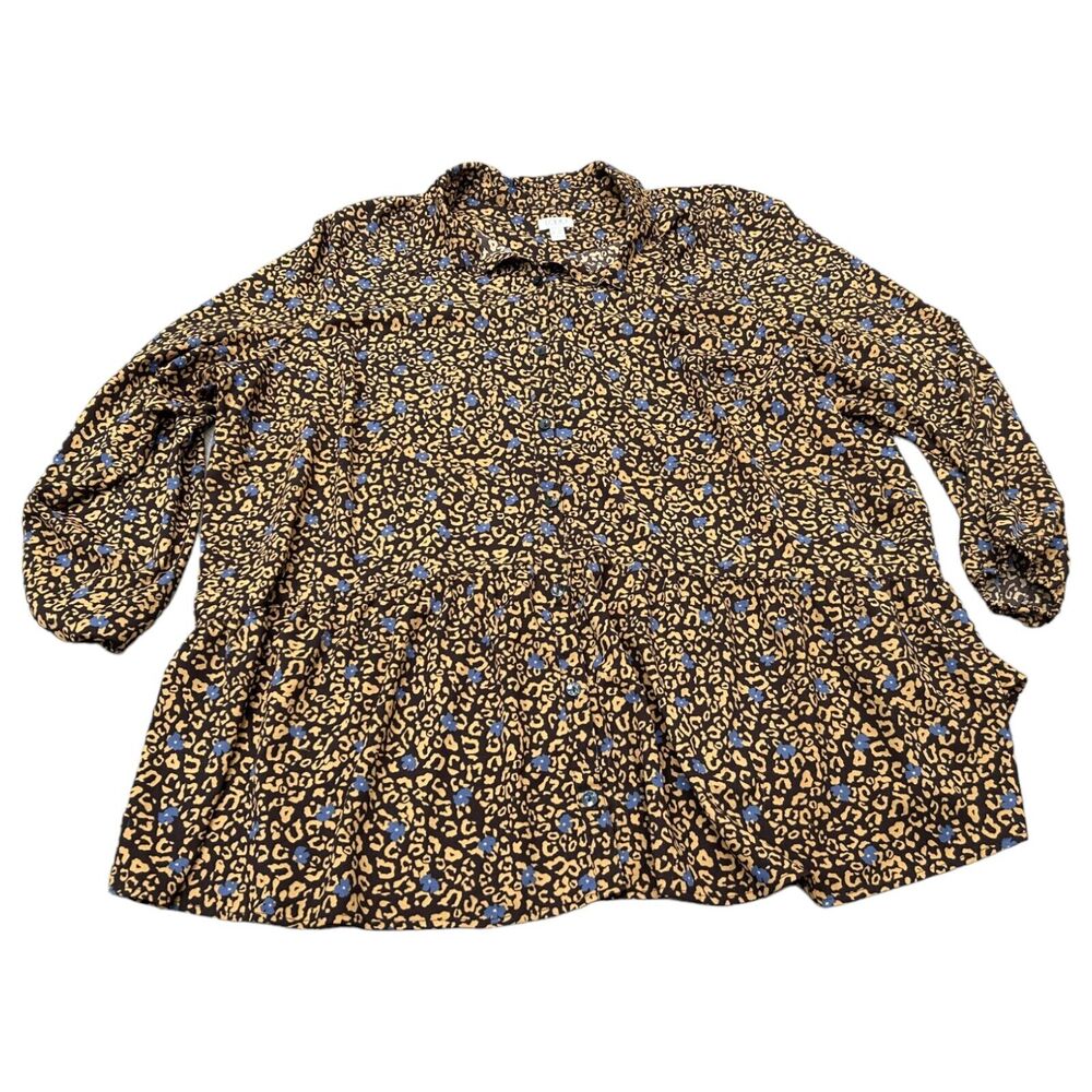 LOGO by Lori Goldstein Tunic Top Womens 3X Brown Leopard Collared Button Down
